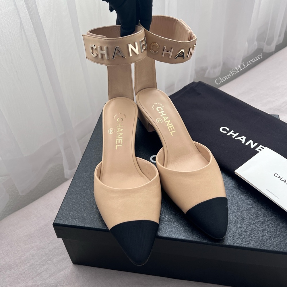 Auth Chanel G36591 Beige Logo Ankle Strap Pumps - Size 38